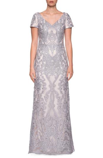 Women's La Femme Embroidered Lace Column Dress - Grey