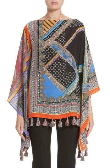 Women's Etro Patchwork Print Silk Poncho, Size - Blue
