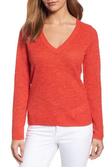 Women's Eileen Fisher V-neck Organic Linen & Cotton Sweater, Size - Red