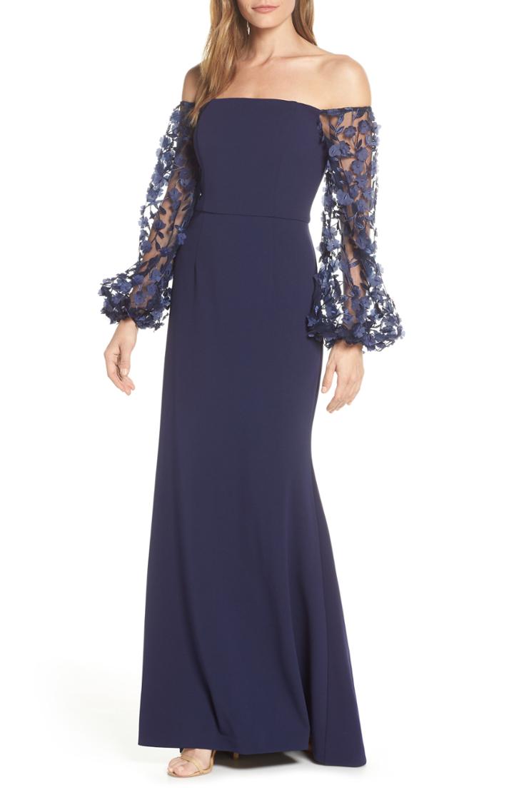 Women's Eliza J Off The Shoulder 3d Floral Sleeve Scuba Crepe Evening Dress - Blue