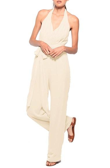 Women's Ceremony By Joanna August 'scarlette' Faux Wrap Chiffon Halter Jumpsuit - Ivory