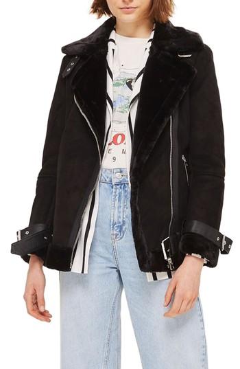 Women's Topshop Faux Shearling Biker Jacket Us (fits Like 0-2) - Black