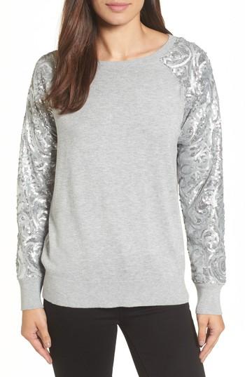 Women's Halogen Sequin Sleeve Sweatshirt - Grey