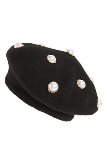 Women's Berry Imitation Pearl Embellished Beret - Black