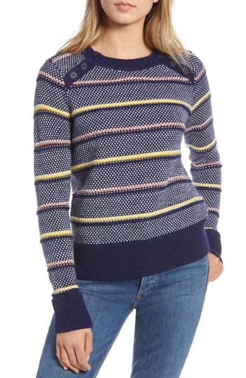 Women's 1901 Button Detail Stripe Wool Blend Texture Sweater - Blue
