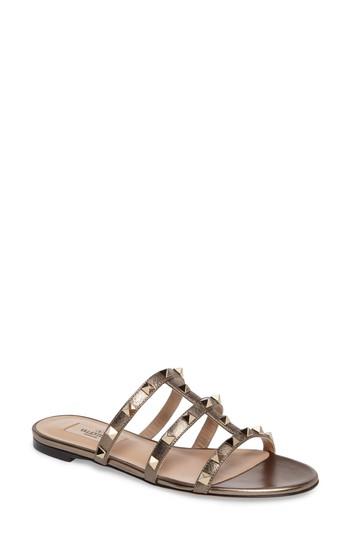 Women's Valentino Garavani Rockstud Cage Slide Sandal Us / 39eu - Metallic