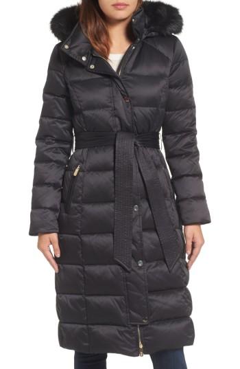 Women's Eliza J Down Midi Coat With Faux Fur Trim - Black