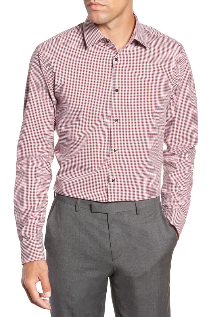 Men's Nordstrom Men's Shop Tech-smart Trim Fit Stretch Check Dress Shirt - 34/35 - Red