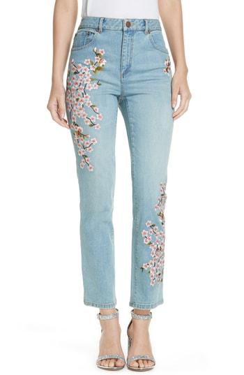 Women's Alice + Olivia Cherry Blossom Embroidery High Rise Slim Jeans - Blue