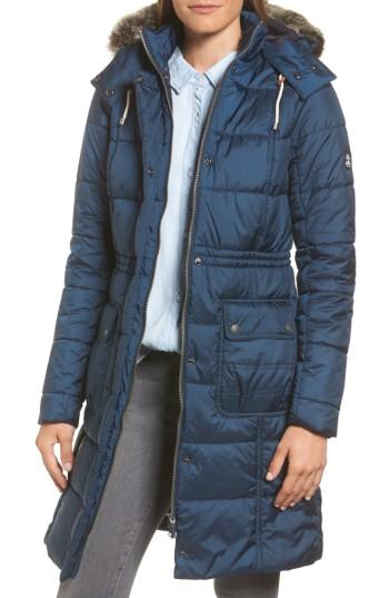 Women's Barbour Winterton Water Resistant Hooded Quilted Jacket With Faux Fur Trim Us / 8 Uk - Blue