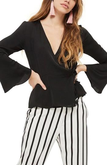 Women's Topshop Hammered Satin Wrap Top Us (fits Like 0-2) - Black