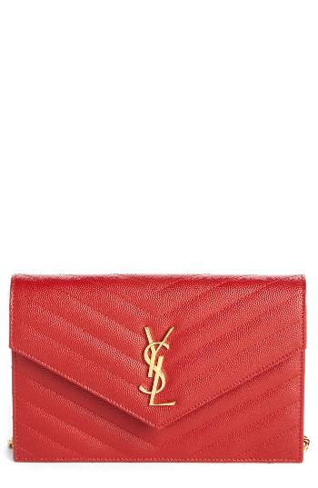 Women's Saint Laurent 'small Mono' Leather Wallet On A Chain - Beige