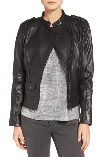 Women's Bernardo Slim Fit Leather Moto Jacket - Black