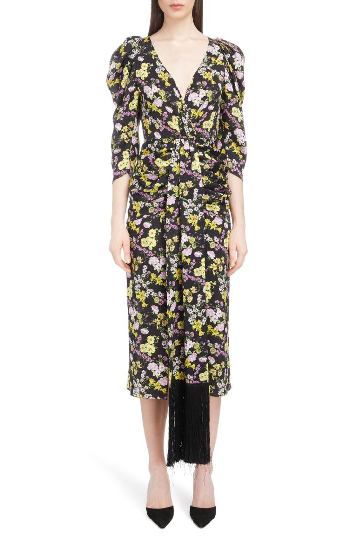 Women's Magda Butrym Ruched Floral Print Silk Midi Dress Us / 36 Fr - Black