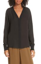 Women's Vince V-neck Rib Trim Silk Blouse, Size - Black