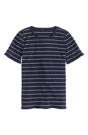Women's J.crew Ribbed Stripe Tee With Ruffle Sleeves, Size - Blue