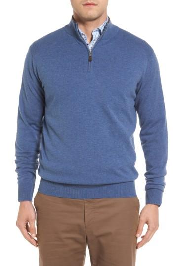 Men's Peter Millar Mock Neck Quarter Zip Wool & Cotton Sweater - Blue
