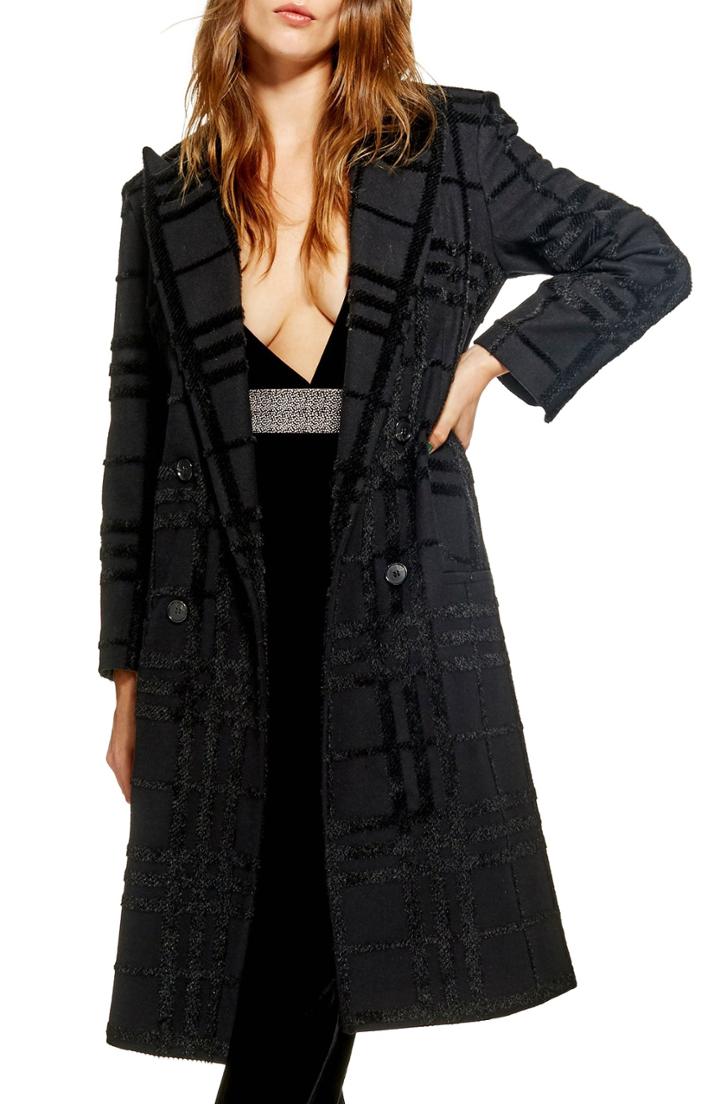 Women's Topshop Rockit Check Coat Us (fits Like 0) - Black
