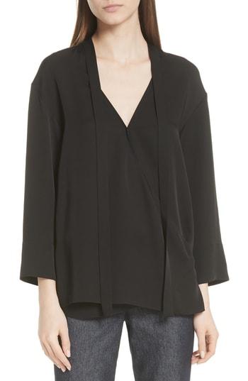 Women's Theory Faux Wrap Silk Blouse, Size - Black