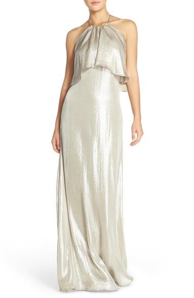 Women's Nouvelle Amsale 'lilith' Ruffle Bib Liquid Chiffon Halter Gown - Metallic