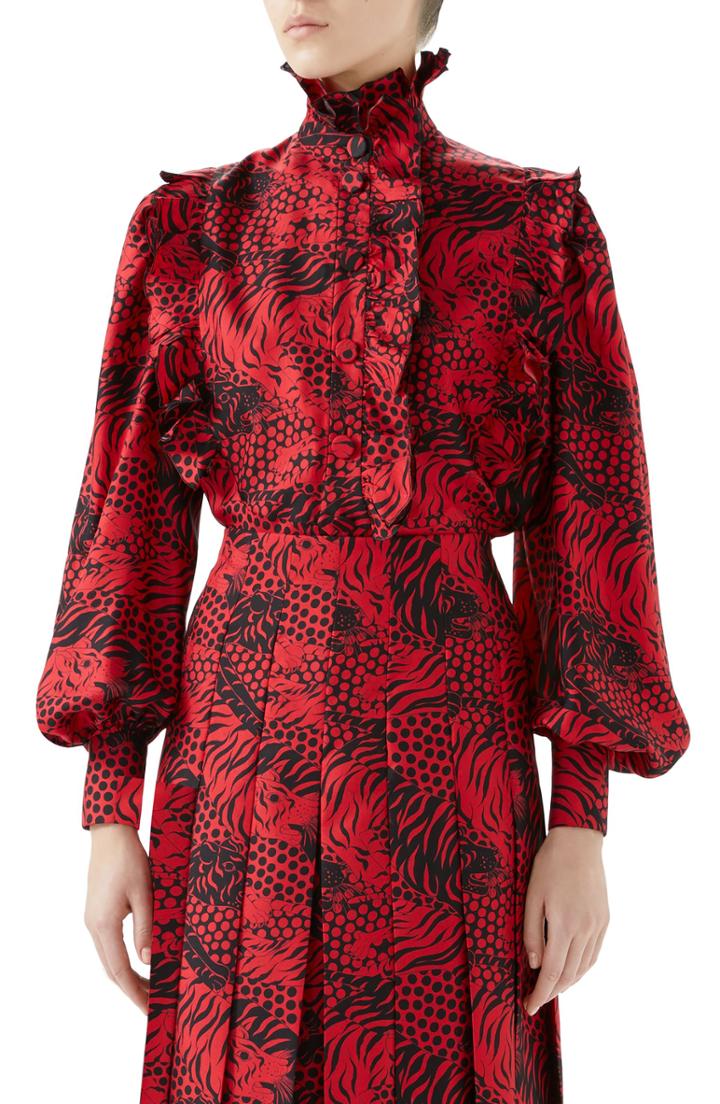 Women's Gucci Tiger Print Silk Blouse Us / 44 It - Red