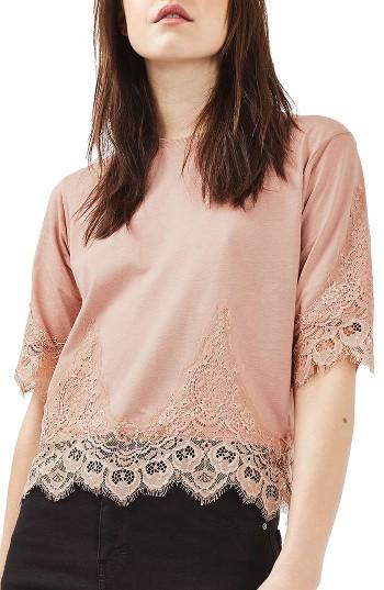 Women's Topshop Lace Trim Tee Us (fits Like 0) - Pink