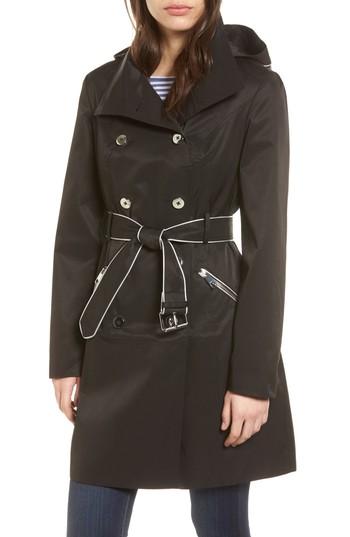 Women's Guess Hooded Piped Trench Coat - Black