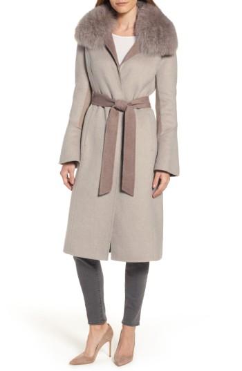 Women's Elie Tahari Annabelle Genuine Fox Fur Trim Double Face Long Wrap Coat - Beige