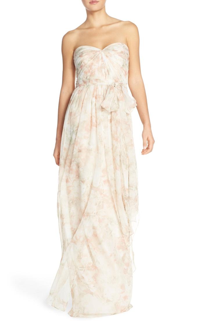 Women's Jenny Yoo Nyla Floral Print Convertible Strapless Chiffon Gown - Pink