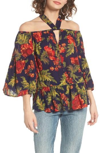 Women's Sun & Shadow Tie Neck Off The Shoulder Top, Size - Blue