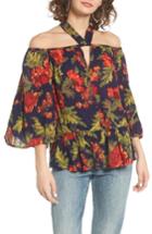 Women's Sun & Shadow Tie Neck Off The Shoulder Top, Size - Blue
