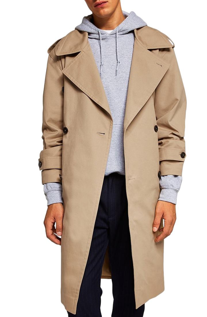 Men's Topman Double Breasted Trench Coat - Beige
