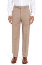 Men's Zanella Devon Flat Front Solid Wool Serge Trousers - Beige