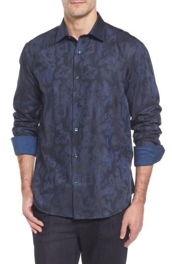 Men's Bugatchi Slim Fit Jacquard Stripe Sport Shirt - Blue
