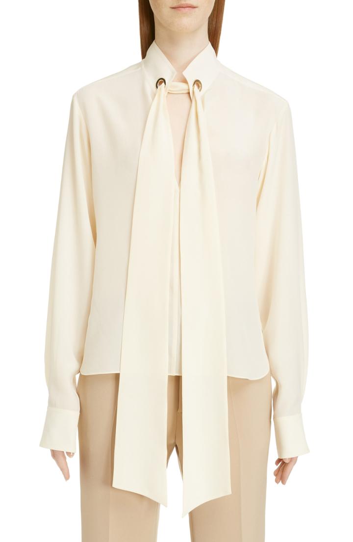 Women's Chloe Ring Detail Tie Neck Silk Crepe De Chine Blouse Us / 44 Fr - White