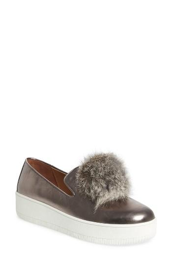 Women's Linea Paolo Sammy Platform Sneaker With Genuine Rabbit Fur Pompom M - Metallic