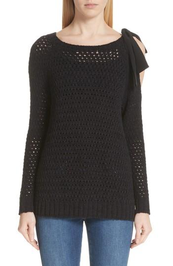 Women's St. John Collection Crisscross Open Stitch Cold Shoulder Sweater, Size - Black