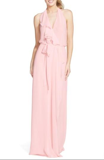 Women's Nouvelle Amsale 'erica' Ruffle Chiffon Halter Neck Wrap Gown, Size - Pink