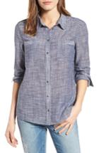 Petite Women's Caslon Long Sleeve Crinkle Cotton Shirt, Size P - Blue