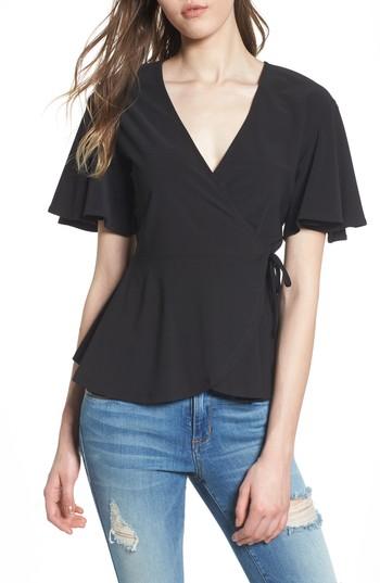 Women's Leith Flounce Sleeve Faux Wrap Top - Black