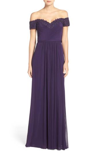 Women's La Femme Embellished Off The Shoulder Gown - Purple