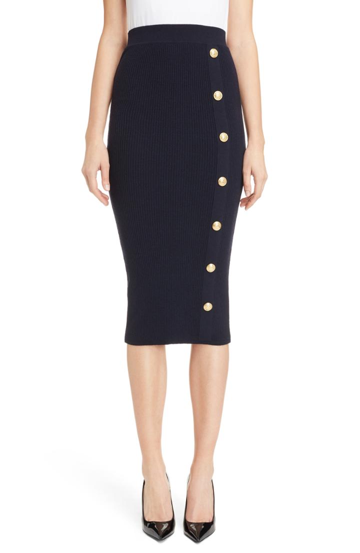 Women's Balmain Button Detail Rib Knit Skirt Us / 38 Fr - Black