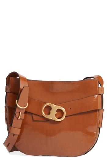 Tory Burch Gemini Link Patent Leather Crossbody Bag - Brown