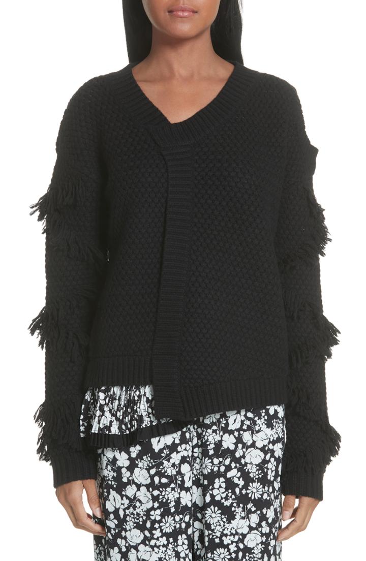 Women's Yigal Azrouel Fringe Sleeve Mixed Media Wool Sweater - Black