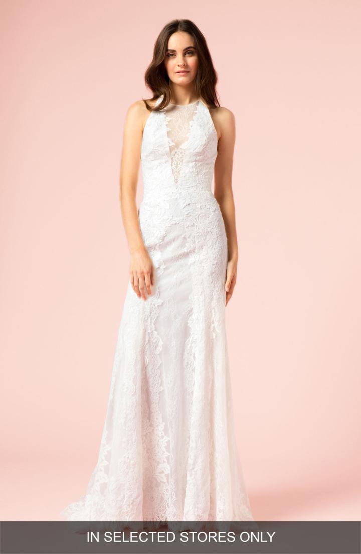 Women's Bliss Monique Lhuillier Illusion Plunging Trumpet Gown, Size - Pink