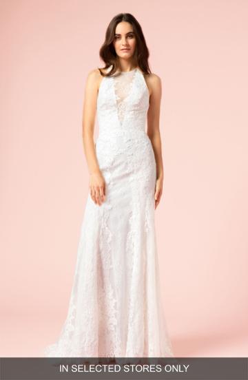 Women's Bliss Monique Lhuillier Illusion Plunging Trumpet Gown, Size - Pink