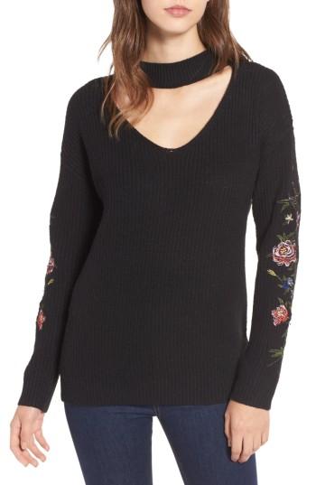 Women's Woven Heart Embroidered Choker Sweater - Black