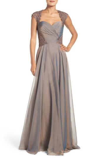 Women's La Femme Ruched Chiffon Gown - Brown