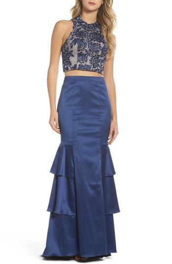 Women's Sequin Hearts Beaded Lace & Satin Two-piece Gown - Blue