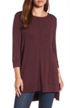 Women's Caslon Three Quarter Sleeve Side Slit Tunic - Burgundy